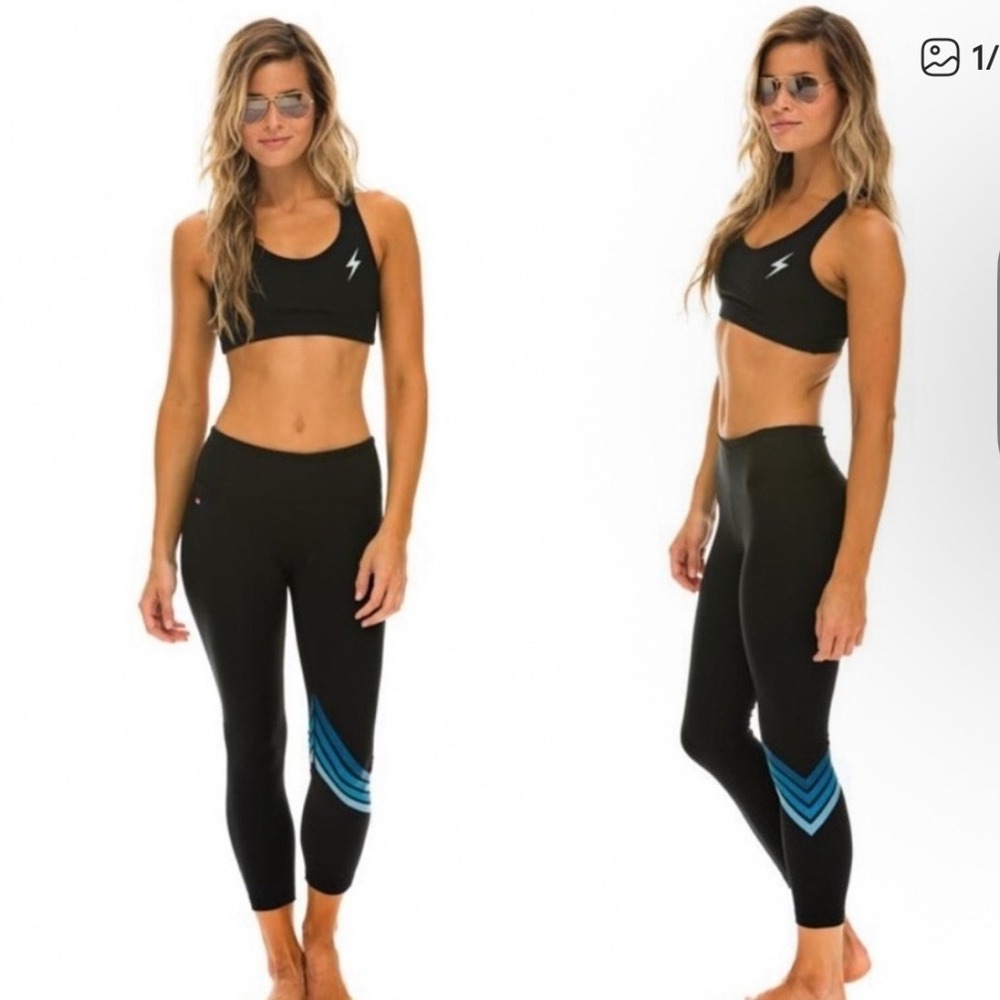 Aviator Nation Black Leggings with Blue Stripes
